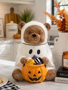 Haunted Halloween Teddy Bear Ghost Pumpkin Ceramic Cookie Jar 103 oz